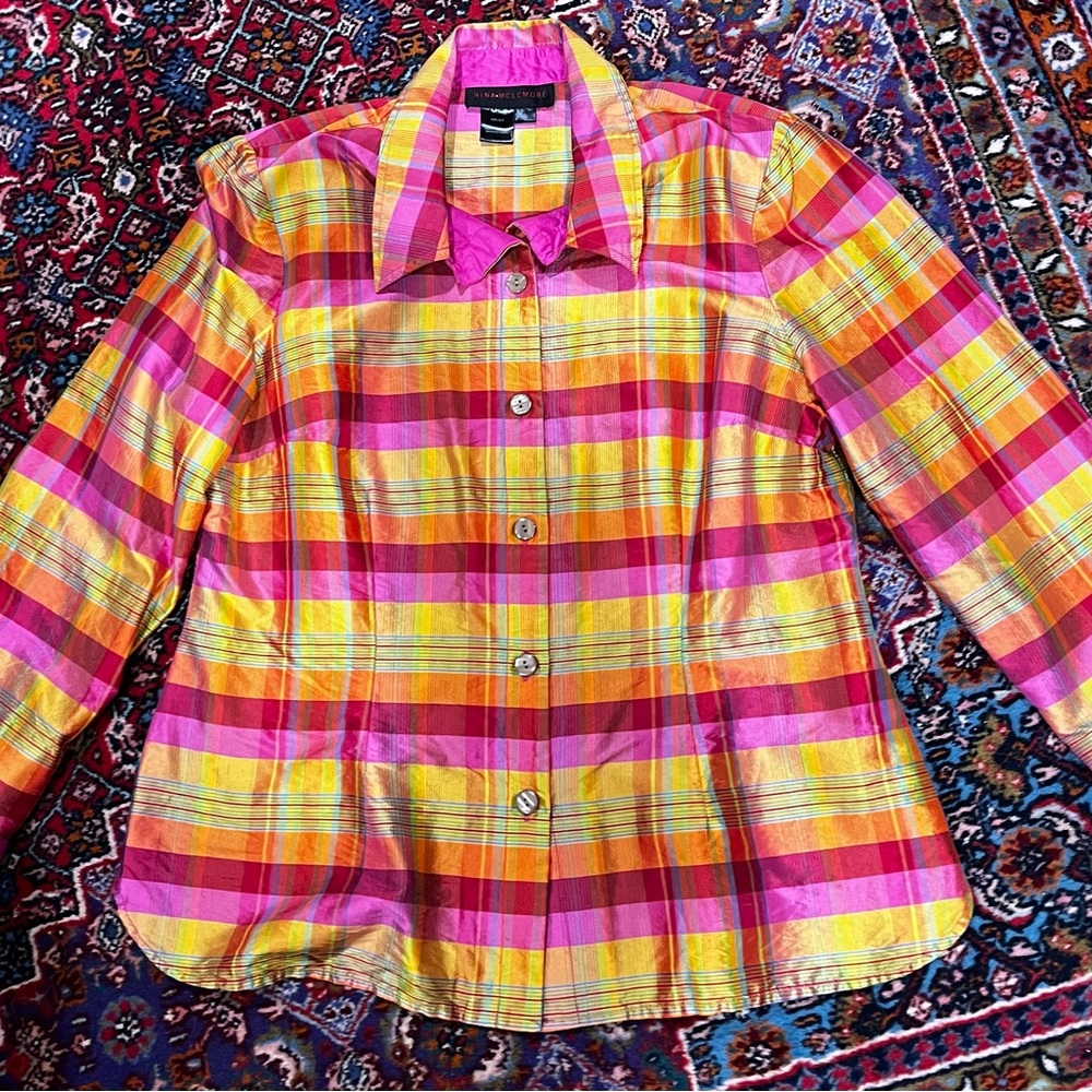 Colorful Plaid Button-Up Blouse 100 percent silk